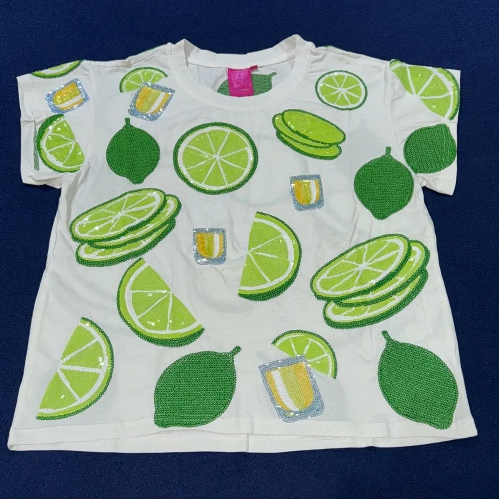 🍋‍🟩NWOT Queen Of Sparkles XS Sequined Lime And Tequila Tee - Picture 5 of 11